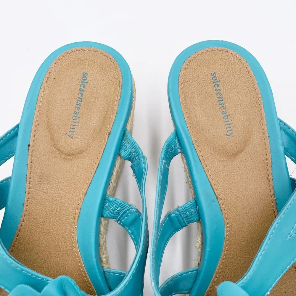 Solesenseability Mona Blue Faux Leather Flower Embellished Wedge Sandals 9.5